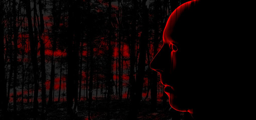 traumatisch dunkel seitlich gesichts profil eines männlichen killers, mörders oder psychopathen im horizontalen banner format 