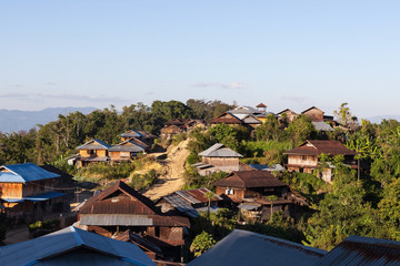 Traditional village in Shan State, Myanmar. Beautiful remote Burmese village in mountains.