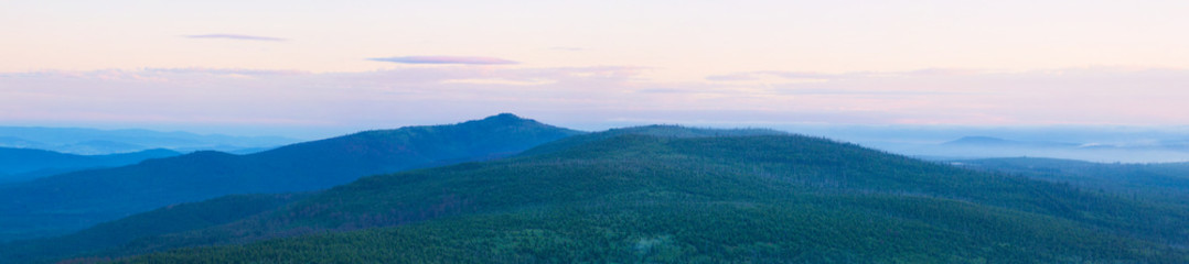 Panorama of the Rachel mountain range at dawn, in the Bavarian Forest in South Germany