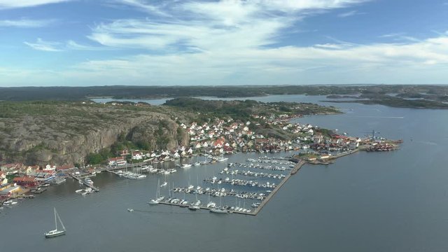 Aerial view of coastal village town on the Swedish west coast