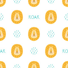 Cute lion baby pattern. Funny animal faces seamless pattern. Kids print with lions head. Simple scandi animal
