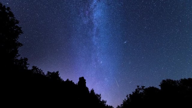Amazing time lapse with Milky Way galaxy, plane trails and meteor shower, during Perseid Stream over a night forest
