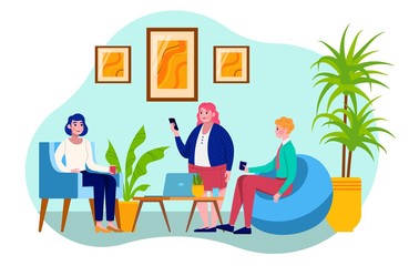 Composition people communicate in office, group colleagues, conversation at work, cartoon vector illustration, isolated on white. computer equipment, coffee break, women, men different nationalities.