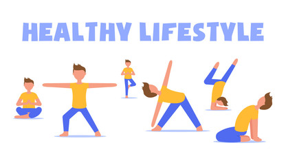 The modern concept of a healthy lifestyle. A set of boys in sportswear doing a variety of sports exercises on the background of the lettering. Can be used for fitness demonstration, yoga and exercise.