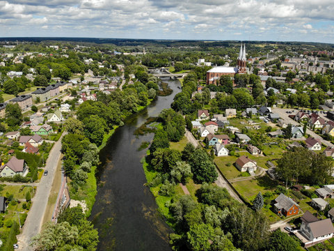 Aerial view of Anyksciai city and tallest church in Lithuania. Lithuanian tourism destination