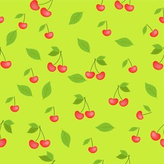 seamless cherry pattern, green background vector drawing