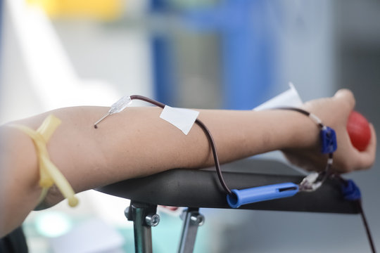 Blood donor at donation, transfusion. Close up arm of a man donating blood in hospital. Healthcare and charity. .Also concept image for World blood donor day-June 14.