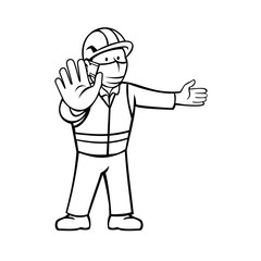 Construction Worker Wearing Face Mask Showing Stop Hand Signal Pointing Black and White Cartoon