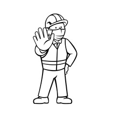 Obraz na płótnie Canvas Construction Worker Wearing Face Mask Showing Stop Hand Signal Black and White Cartoon