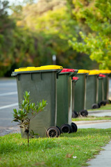 Recycling bin stands outdoor. Australia, Melbourne.