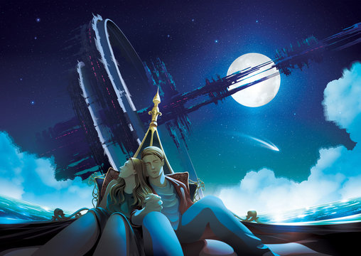 Vector Illustration featuring a couple having time together in a gondola boat at night with the massive futuristic structure that orbiting around the earth in space at the background