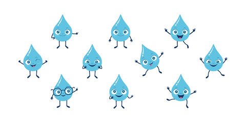 Fototapeta na wymiar Vector kids illustration of rain water drop character. Set of mascots isolated on white background. Light blue to deep blue colors. Five color variation. Happy and funny droplets jump and dance.