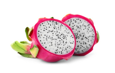 Halves of delicious ripe dragon fruit (pitahaya) on white background