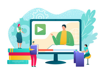 Education in computer technology, distance internet school vector illustration. Get knowledge online, university teaching for learning, training concept. Web video study for people student character.