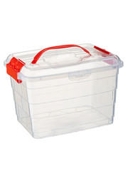 transparent plastic food storage container with red lid