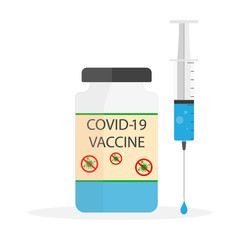 Vaccine coronavirus. Injection with help syringe and needle. Immunization from covid-19. Flu and medical prevention. Medicine in vial with syringe and dose for shot. Poster for treatment. Vector