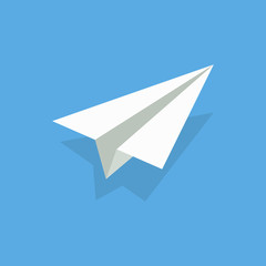 aper airplane. Plane origami. White 3d fly aeroplane on blue background. Craft of origami. Concept of flight, travel. Abstract icon for airline, launch free jet. Logo for navigate of aircraft. Vector