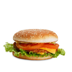 Classic hamburger with patty, cabbage, tomatoes, cheese and lettuce