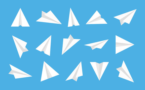 Paper plane. Origami airplane. White isometric icon for fly. Launch 3d aeroplane in flat style. Set of design logo on blue background. Travel and aviation concept. Startup of buisness idea. Vector