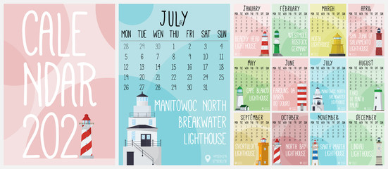 Colorful calendar for 2021 with lighthouses. Each month contains a geotag to a real lighthouse. Can be used to print graphics.