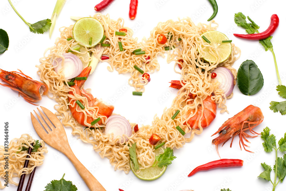 Canvas Prints heart-shaped seasoned noodles with shrimp lemon lemongrass onion coriander spring onion chili spicy 