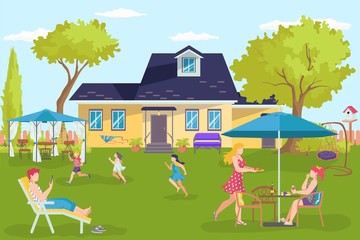 Obraz na płótnie Canvas Family house, happy people at home yard vector illustration. Father mother child at summer vacation near building landscape. Flat fun parent and child lifestyle, outdoor weekend togetherness.