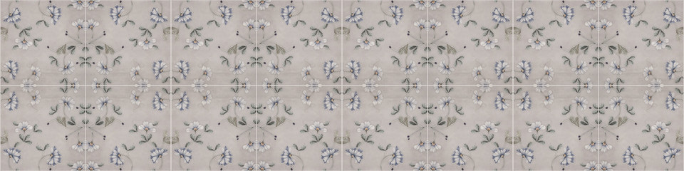 Old gray vintage worn shabby seamless square patchwork tiles stone concrete cement wall texture wide background banner panorama wallpaper, with flower leaves print