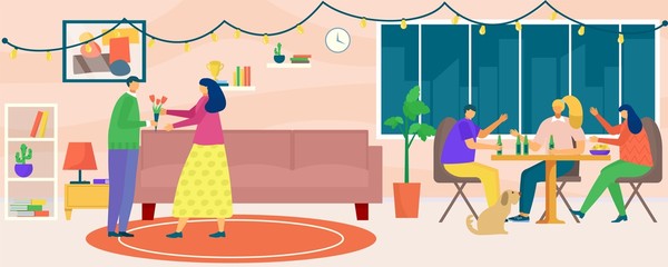 House party, vector illustration. Flat man woman people character at cartoon home together, young friend person at apartment room. Female male group drink, have fun indoor interior.