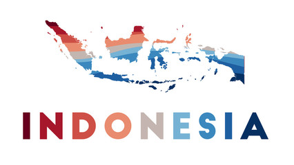 Indonesia map. Map of the country with beautiful geometric waves in red blue colors. Vivid Indonesia shape. Vector illustration.