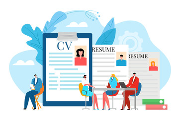 Fototapeta na wymiar Interview for job, business career recruitment vector illustration. Resume for hr work concept, candidate to employee company. Hire flat human person, professional office people employment.