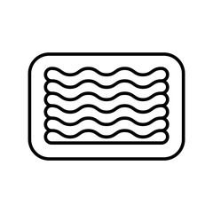 Minced meat in tray. Linear icon of industrial packaging of semi-finished meat products. Black simple illustration of ground-meat. Contour isolated vector pictogram on white background