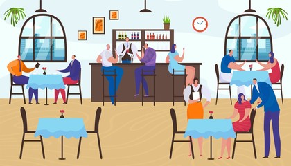 Restaurant interior, people group man woman sitting in bar, cartoon lifestyle vector illustration. People character drink at cafe table, flat person talking. Happy pub friends meeting together.