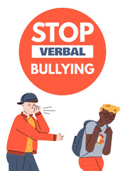 Stop verbal bullying poster or banner with school teenagers characters, cartoon vector illustration on white background. Laughing bully pointing to frightened boy.