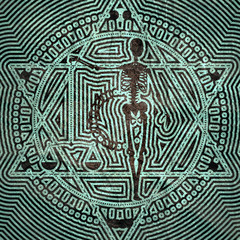 Mystery, witchcraft, occult and alchemy tattoo sign. Mystical vintage gothic geometry thin lines symbol with silhouette of a human skeleton and scales