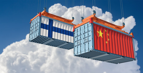 Freight containers with China and Finland flag. 3D Rendering 