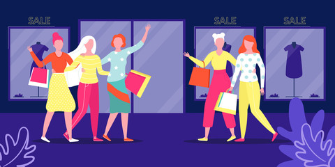 Group young people in shop, sale vector illustration. Woman walk store with bag. Girl in shopping center with purchase, attractive lifestyle city. Lady holding gift, fashionable clothes in background.