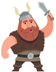 Viking holding sword. Male character in cartoon style.
