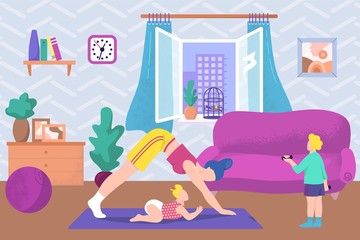 Mother healthy lifestyle, yoga exercise sport in family with baby, vector illustration. Female woman fitness, training pose at house. Workout with child together at home, cartoon childhood.