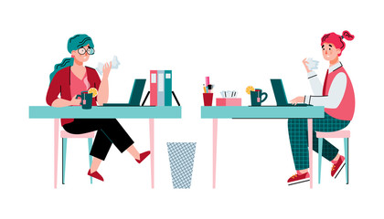 People at workplace become infected with a viral disease, flat cartoon vector illustration isolated on white background. Keeping of social distancing to prevent infection.