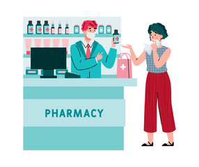 An epidemic or outbreak of the coronavirus infection. A masked pharmacist sells flu medicine to a sick girl. Flat vector illustration isolated on a white background