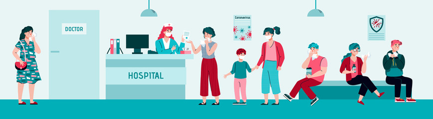 Queue of people in hospital waiting for doctors appointment in medical masks, flat vector illustration. Prevention of corona virus and infectious diseases.
