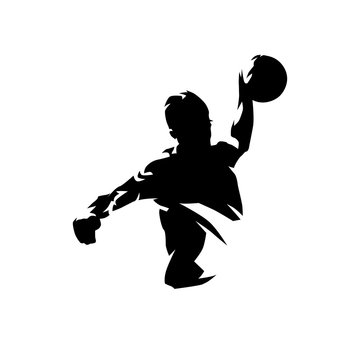 Handball player throwing ball and scoring goal, ink drawing isolated vector silhouette, front view. Handball logo