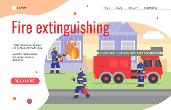 Website page for fire extinguishing services with firemen cartoon characters, flat vector illustration. Landing page interface for rescue and firefighting.