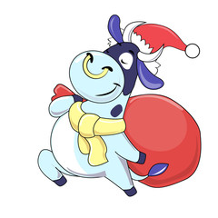 Cheerful cartoon santa cow carries a bag of gifts isolated. Chinese symbol of 2021