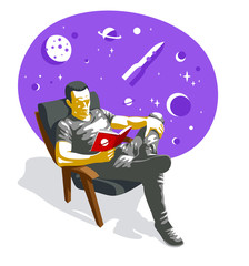 Young man reading fantastic book about space travel vector illustration isolated, fiction literature about fantastic cosmos adventures on a rocket. © Sylverarts