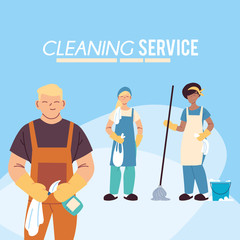 man and women with products for cleaning service