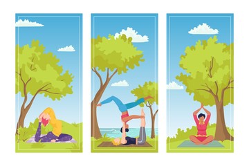Fototapeta na wymiar Activity in park, relaxation yoga pose exercise at nature vector illustration. Healthy lifestyle with fitness sport, cartoon people workout. Asana meditation and healthy training with woman class set.
