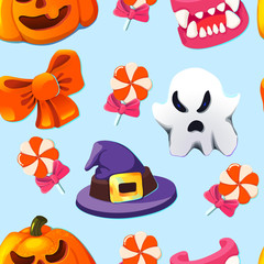 Halloween seamless pattern vector illustration isolated on blue background, hat, candy, pumpkin, jaws, bow