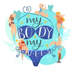 Fat woman group, body positive female people character vector illustration. Happy feminism beauty, body positive cartoon lifestyle. Healthy plus size girl in bikini, overweight woman design concept.