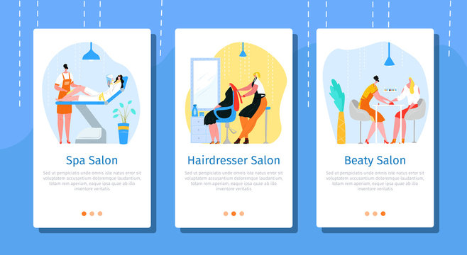 Beauty salon mobile banner set, vector illustration. Business service website page, application for skin, face, hair care. Spa procedure on screen, hairdresser stylist and woman people charcater.